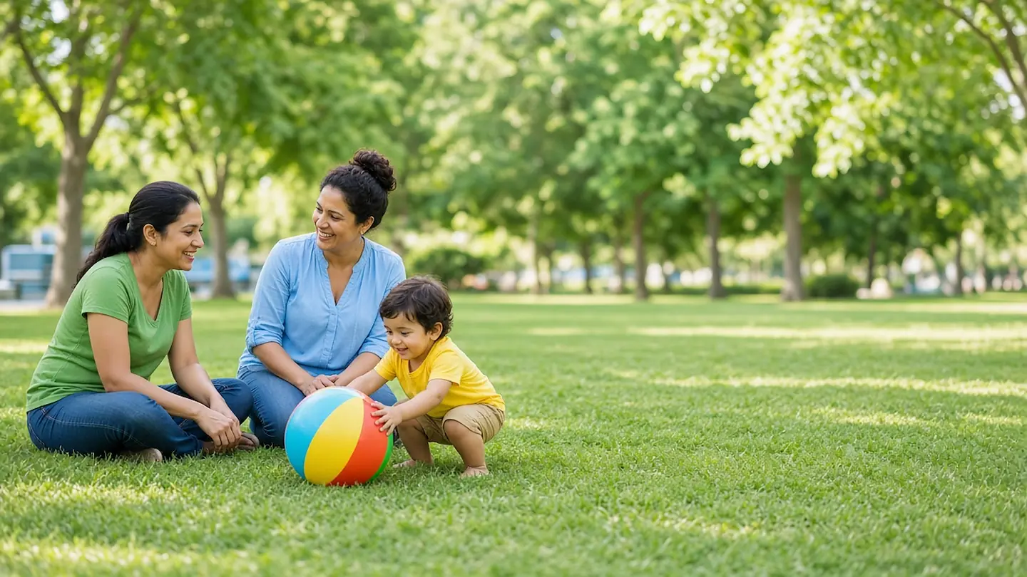 Therapist and a mom sitting on the grass in a park as a toddler plays with a bright beach ball