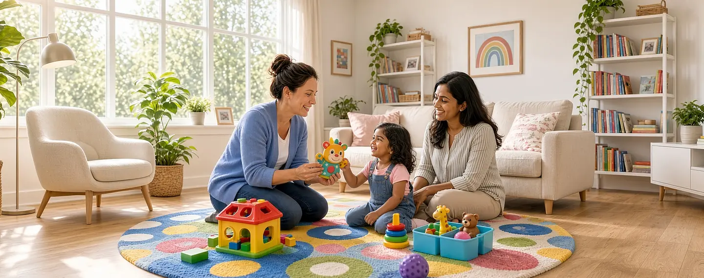 Therapist holding up a toy for a smiling toddler as her mom watches, on a colorful play rug in the living room