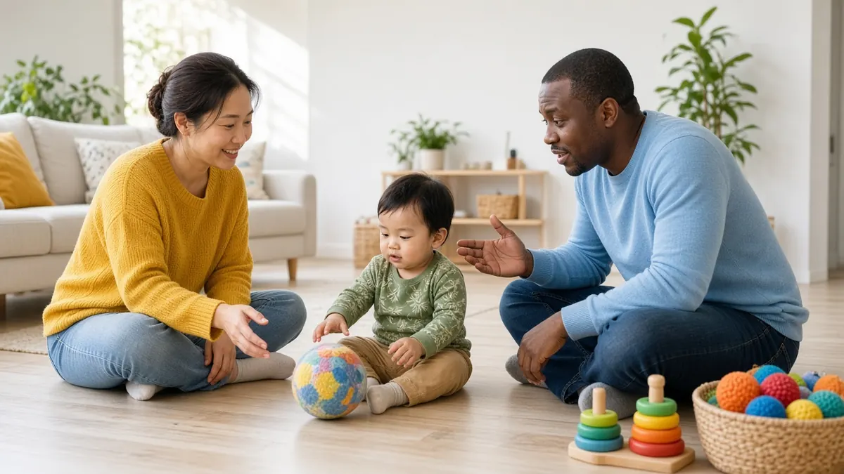 Therapist talking with a mom as she and her toddler play with a colorful ball on the floor
