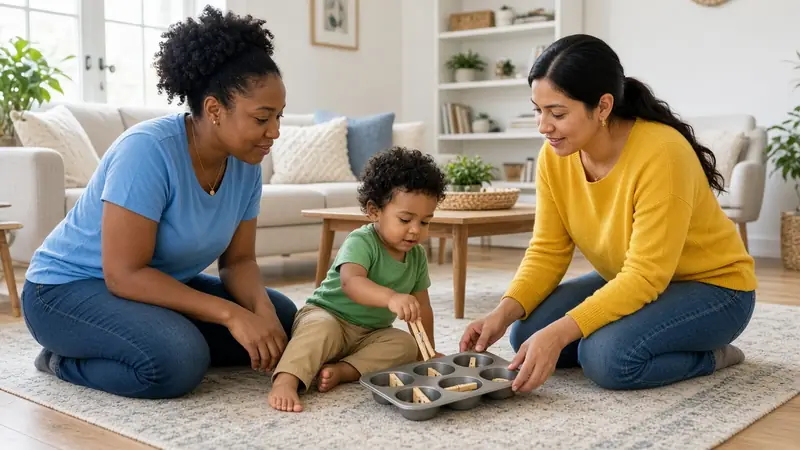 Occupational therapist guiding a mother as her toddler drops wooden clothespins into a muffin tin