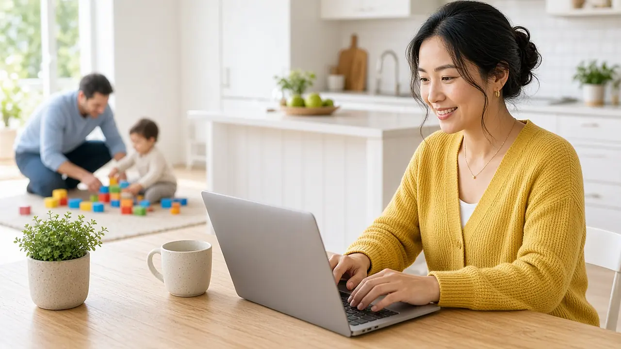 Therapist smiling as she types on a laptop at the kitchen table while a dad and toddler play with blocks behind her